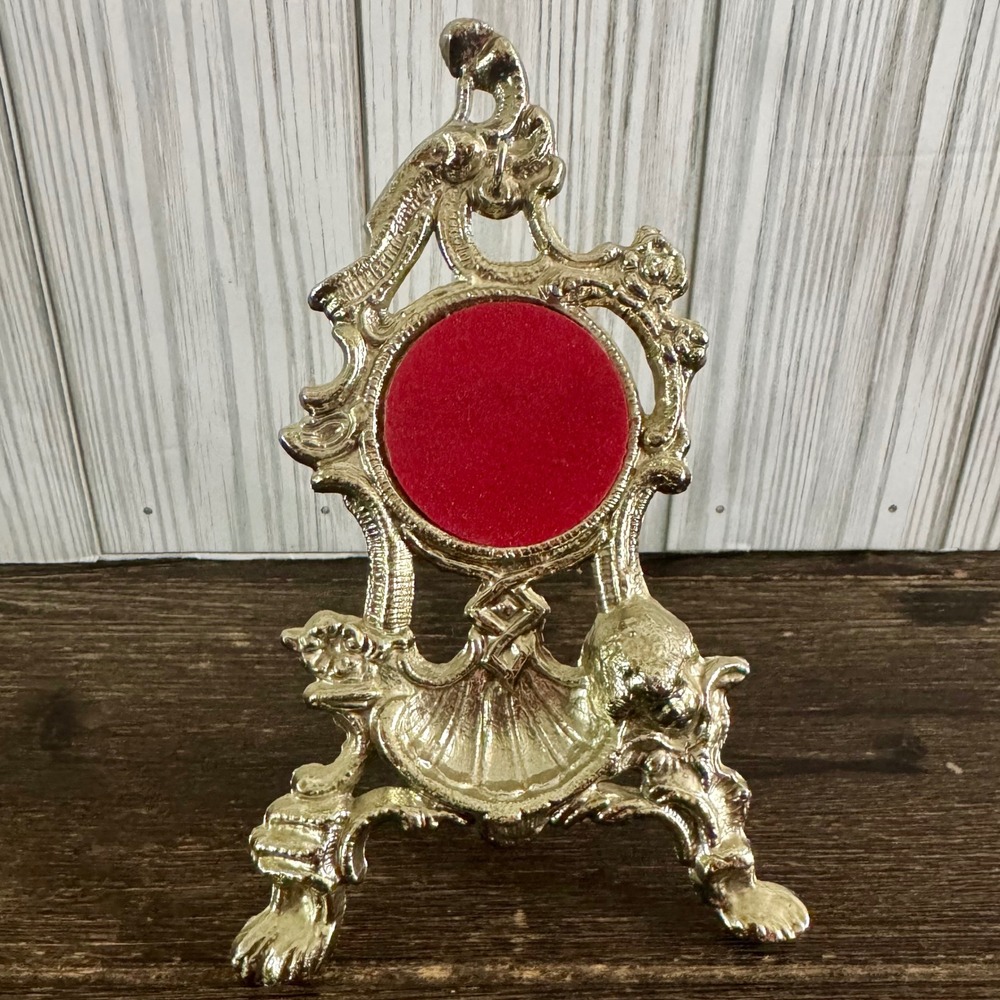 Vintage Ornate Gold Pocket Watch Metal Easel Display Holder VIP Red Velvet Inset
